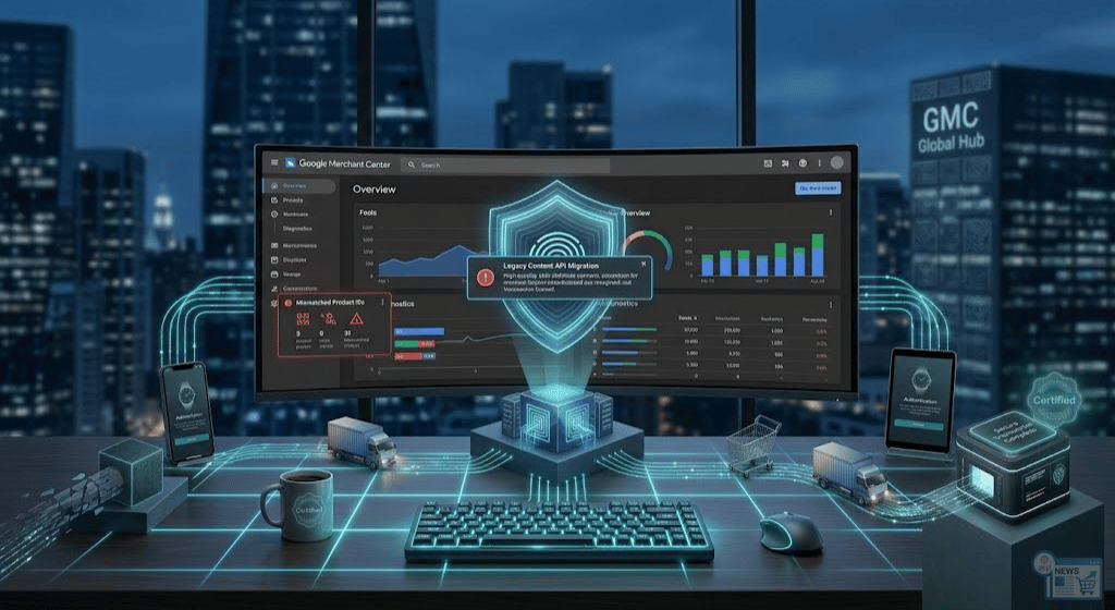 monitor ultra-wide in un ufficio moderno al crepuscolo. Sullo schermo è chiaramente visibile la dashboard di Google Merchant Center (in Dark Mode) con un focus specifico sul pannello "Diagnostica"