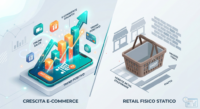 Illustrazione 3D isometrica che mostra la forte crescita dell'e-commerce tramite un grafico in ascesa su uno smartphone, in contrasto con la stagnazione del commercio fisico rappresentato da un cestino statico.