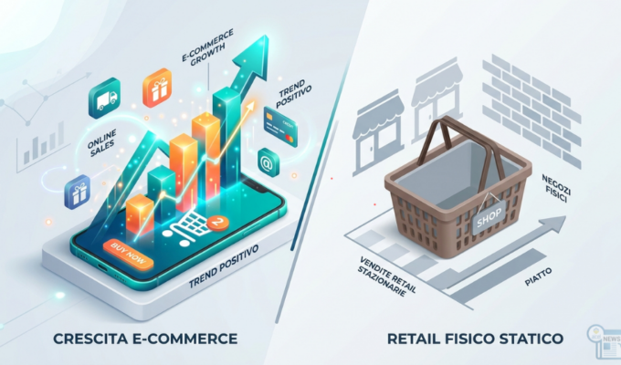 Illustrazione 3D isometrica che mostra la forte crescita dell'e-commerce tramite un grafico in ascesa su uno smartphone, in contrasto con la stagnazione del commercio fisico rappresentato da un cestino statico.