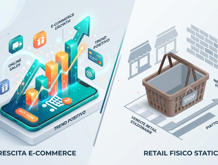 Illustrazione 3D isometrica che mostra la forte crescita dell'e-commerce tramite un grafico in ascesa su uno smartphone, in contrasto con la stagnazione del commercio fisico rappresentato da un cestino statico.