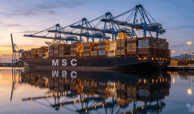 Nave portacontainer MSC e Maersk in fase di scarico in un porto italiano, simbolo del potenziamento delle rotte mediterranee.