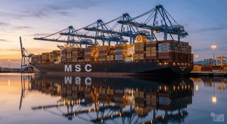 Nave portacontainer MSC e Maersk in fase di scarico in un porto italiano, simbolo del potenziamento delle rotte mediterranee.
