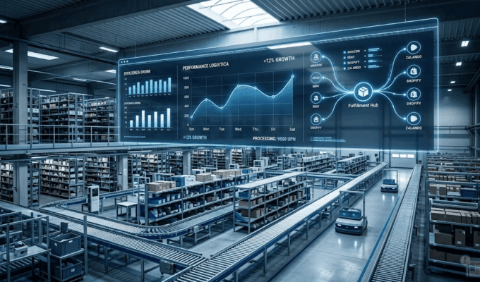 Rappresentazione concettuale dell'integrazione logistica e dati tra e-commerce indipendenti e marketplace europei.