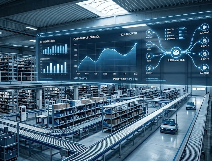 Rappresentazione concettuale dell'integrazione logistica e dati tra e-commerce indipendenti e marketplace europei.