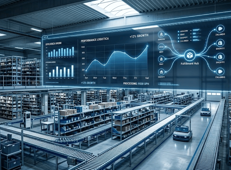 Rappresentazione concettuale dell'integrazione logistica e dati tra e-commerce indipendenti e marketplace europei.