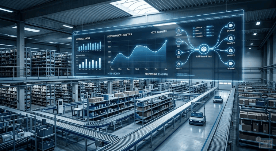Rappresentazione concettuale dell'integrazione logistica e dati tra e-commerce indipendenti e marketplace europei.