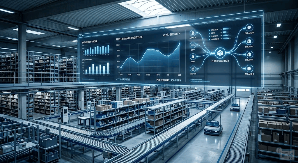 Rappresentazione concettuale dell'integrazione logistica e dati tra e-commerce indipendenti e marketplace europei.