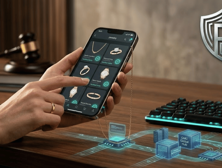 Analisi della sanzione Antitrust a Morellato: smartphone con app marketplace e badge di verifica.