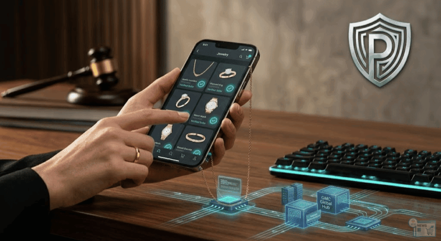 Analisi della sanzione Antitrust a Morellato: smartphone con app marketplace e badge di verifica.