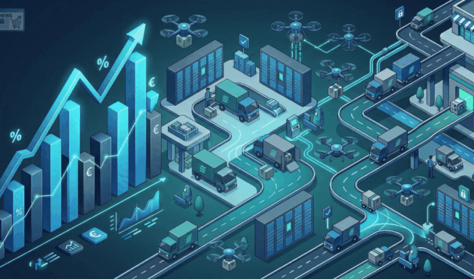 Illustrazione isonometrica B2B che mostra grafici di costi logistici in crescita a sinistra e una rete di consegne urbane verso locker e punti di ritiro a destra, con un centro pulito per il titolo. Palette blu, grigia e teal.
