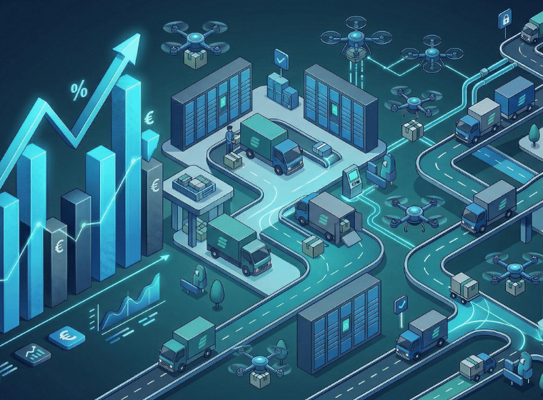 Illustrazione isonometrica B2B che mostra grafici di costi logistici in crescita a sinistra e una rete di consegne urbane verso locker e punti di ritiro a destra, con un centro pulito per il titolo. Palette blu, grigia e teal.