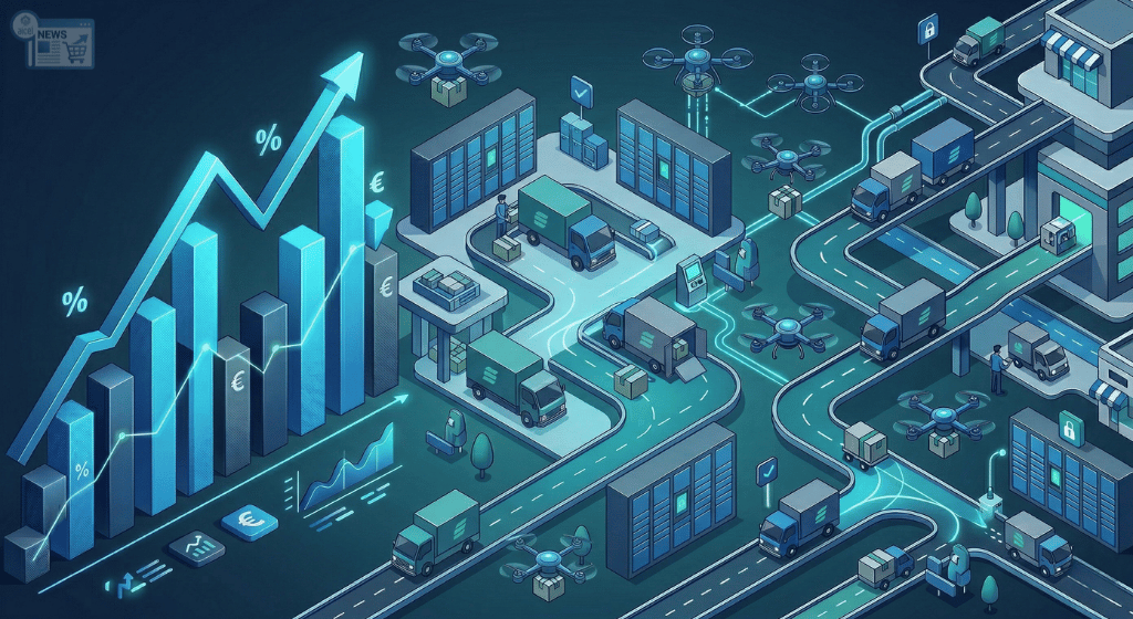 Illustrazione isonometrica B2B che mostra grafici di costi logistici in crescita a sinistra e una rete di consegne urbane verso locker e punti di ritiro a destra, con un centro pulito per il titolo. Palette blu, grigia e teal.