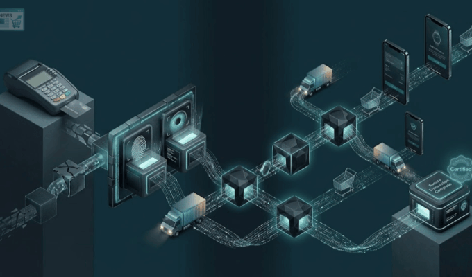 Illustrazione isonometrica B2B che mostra l'evoluzione della sicurezza dei pagamenti e-commerce dai lettori fisici ai protocolli biometrici e crittografati PSD3, su sfondo scuro gradient.