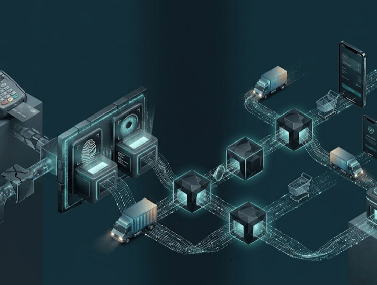 Illustrazione isonometrica B2B che mostra l'evoluzione della sicurezza dei pagamenti e-commerce dai lettori fisici ai protocolli biometrici e crittografati PSD3, su sfondo scuro gradient.
