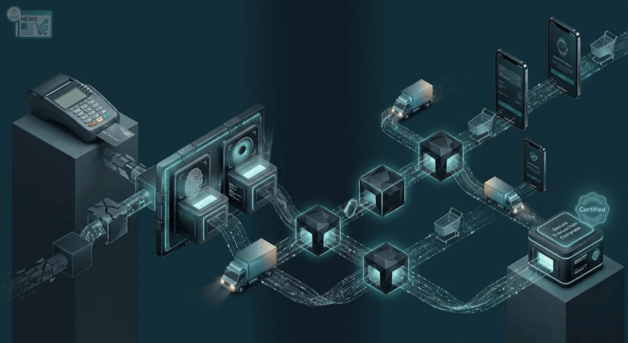 Illustrazione isonometrica B2B che mostra l'evoluzione della sicurezza dei pagamenti e-commerce dai lettori fisici ai protocolli biometrici e crittografati PSD3, su sfondo scuro gradient.