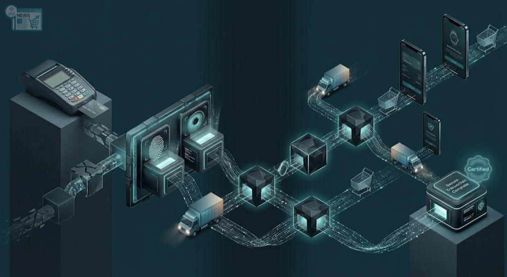 Illustrazione isonometrica B2B che mostra l'evoluzione della sicurezza dei pagamenti e-commerce dai lettori fisici ai protocolli biometrici e crittografati PSD3, su sfondo scuro gradient.
