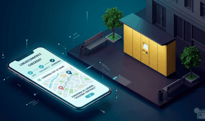 Illustrazione 3D di uno smart locker giallo in ambito urbano, con uno smartphone che mostra le opzioni di consegna e-commerce al checkout.