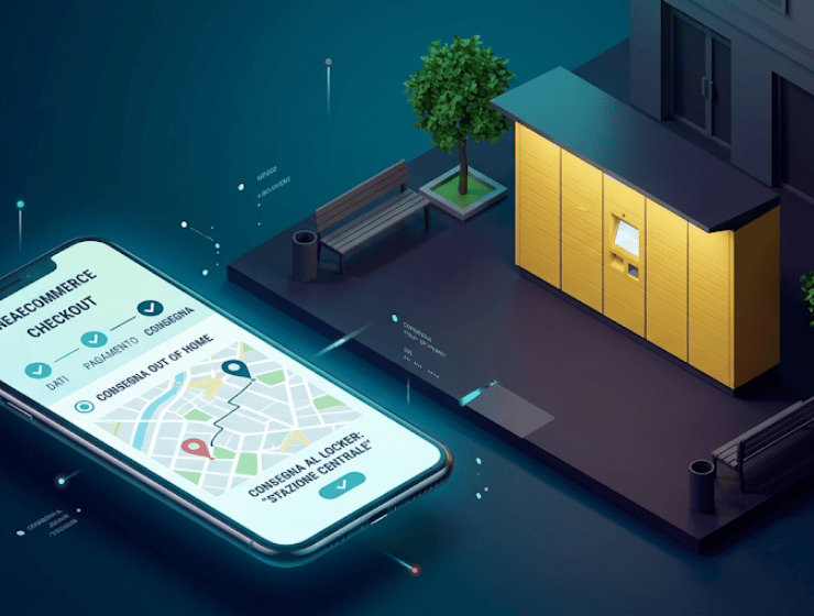 Illustrazione 3D di uno smart locker giallo in ambito urbano, con uno smartphone che mostra le opzioni di consegna e-commerce al checkout.