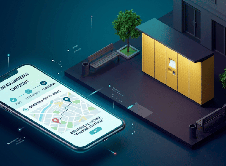 Illustrazione 3D di uno smart locker giallo in ambito urbano, con uno smartphone che mostra le opzioni di consegna e-commerce al checkout.