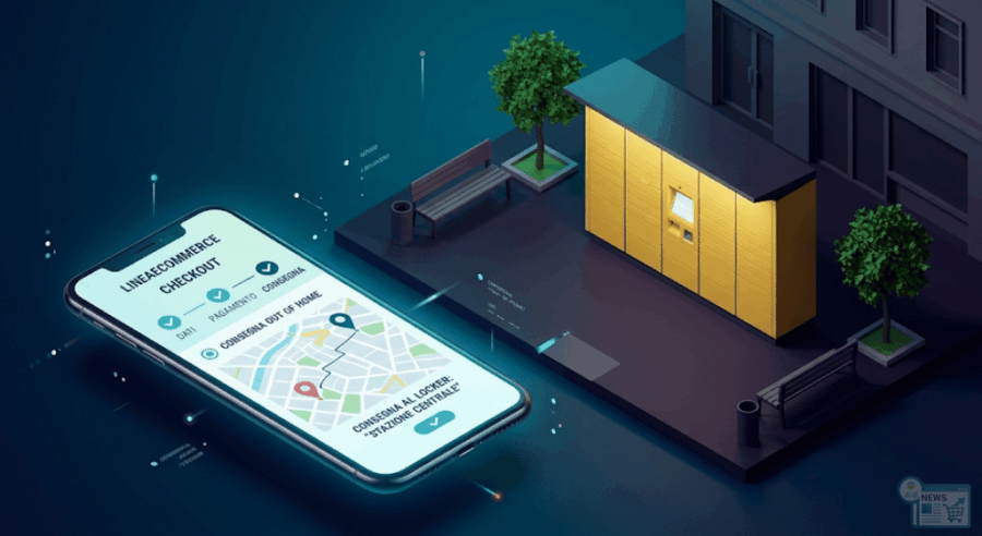 Illustrazione 3D di uno smart locker giallo in ambito urbano, con uno smartphone che mostra le opzioni di consegna e-commerce al checkout.