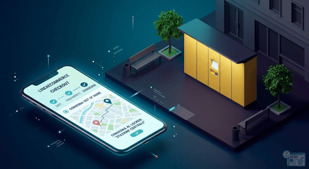 Illustrazione 3D di uno smart locker giallo in ambito urbano, con uno smartphone che mostra le opzioni di consegna e-commerce al checkout.
