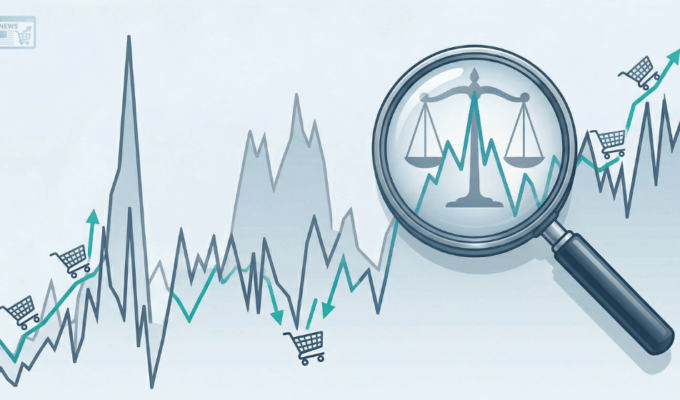 una lente d'ingrandimento su un grafico con andamento altalenante dei prezzi