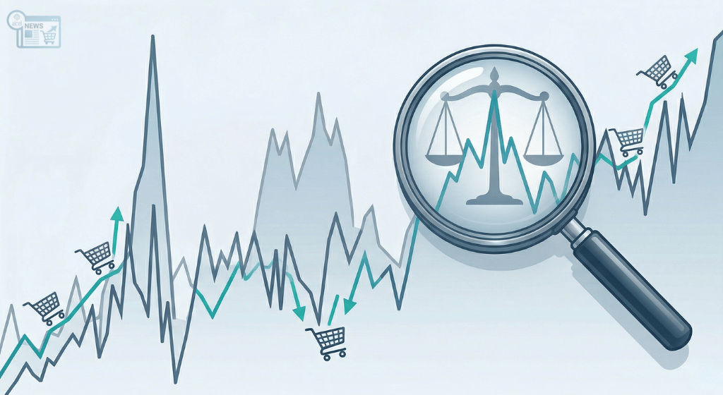 una lente d'ingrandimento su un grafico con andamento altalenante dei prezzi