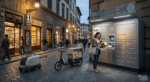 Un consumatore ritira un pacco. La scena include un armadio locker intelligente e moderno, piccoli veicoli elettrici futuristi e nella via della città ci sono dei negozi tradizionali.