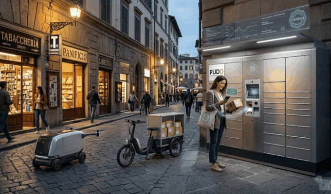 Un consumatore ritira un pacco. La scena include un armadio locker intelligente e moderno, piccoli veicoli elettrici futuristi e nella via della città ci sono dei negozi tradizionali.