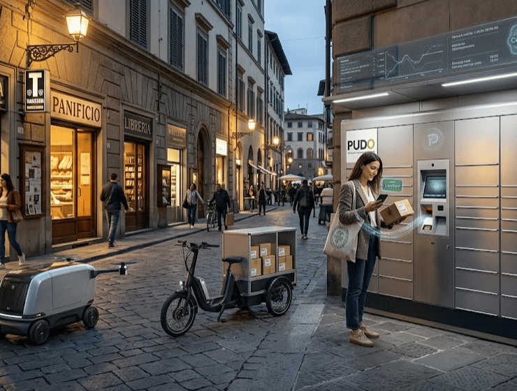 Un consumatore ritira un pacco. La scena include un armadio locker intelligente e moderno, piccoli veicoli elettrici futuristi e nella via della città ci sono dei negozi tradizionali.