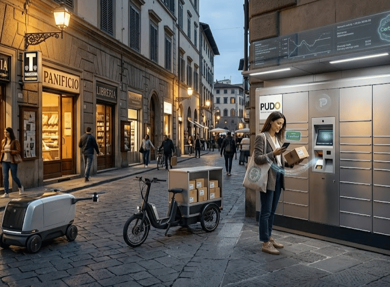 Un consumatore ritira un pacco. La scena include un armadio locker intelligente e moderno, piccoli veicoli elettrici futuristi e nella via della città ci sono dei negozi tradizionali.