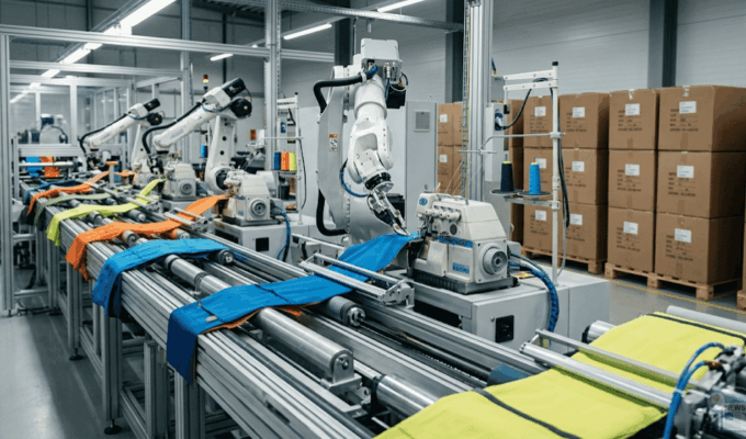 Linea di produzione automatizzata in una fabbrica tessile tecnologica con bracci robotici.