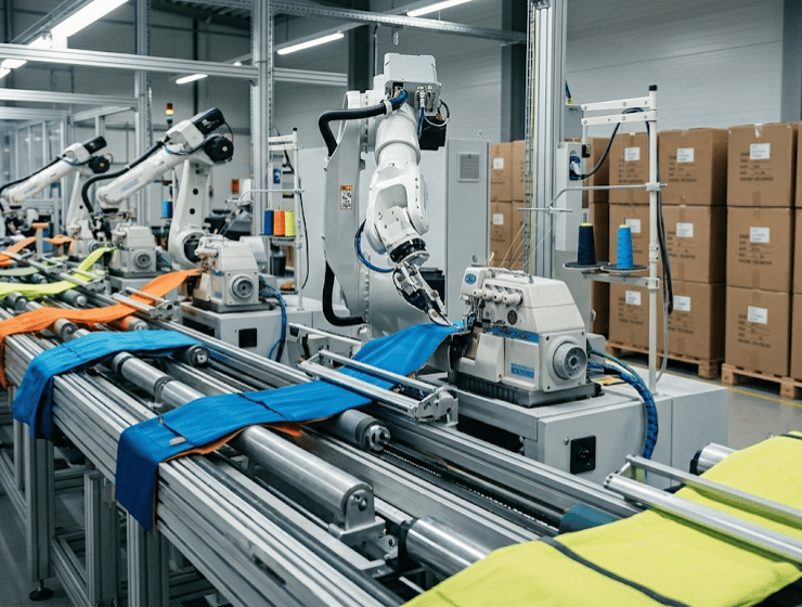 Linea di produzione automatizzata in una fabbrica tessile tecnologica con bracci robotici.