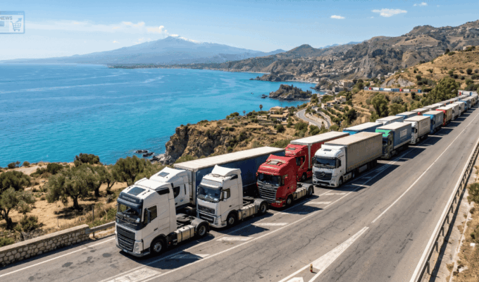 Blocco dei camion e dell'autotrasporto in Sicilia durante lo sciopero di aprile 2026 con vista mare