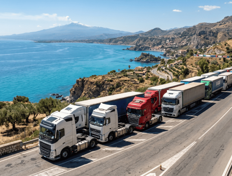 Blocco dei camion e dell'autotrasporto in Sicilia durante lo sciopero di aprile 2026 con vista mare