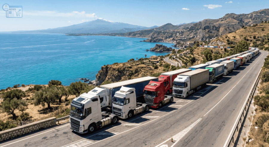 Blocco dei camion e dell'autotrasporto in Sicilia durante lo sciopero di aprile 2026 con vista mare