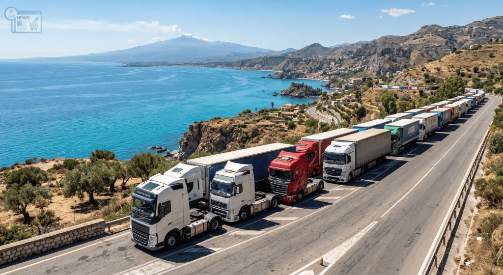 Blocco dei camion e dell'autotrasporto in Sicilia durante lo sciopero di aprile 2026 con vista mare