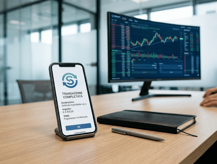 Smartphone su una scrivania mostra una transazione finanziaria digitale completata in criptovaluta.