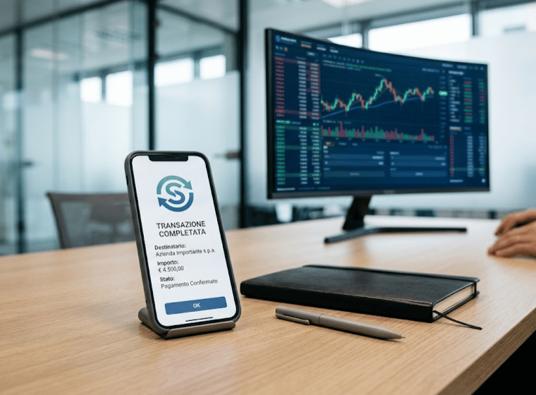 Smartphone su una scrivania mostra una transazione finanziaria digitale completata in criptovaluta.