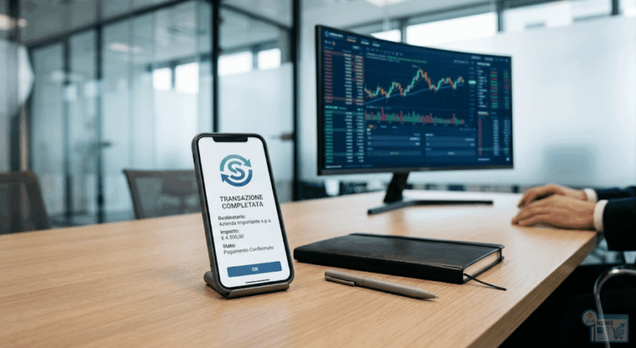 Smartphone su una scrivania mostra una transazione finanziaria digitale completata in criptovaluta.