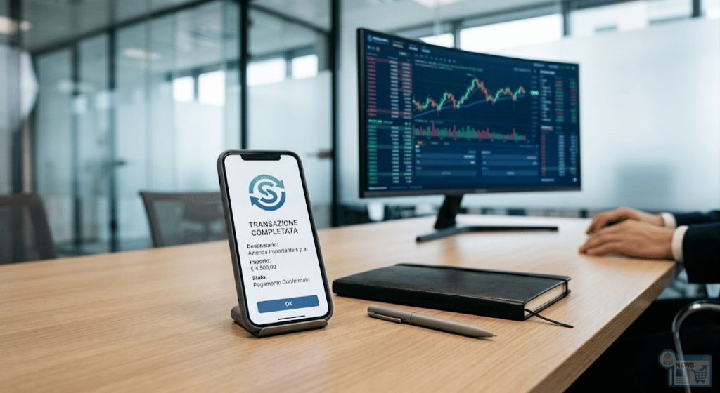 Smartphone su una scrivania mostra una transazione finanziaria digitale completata in criptovaluta.