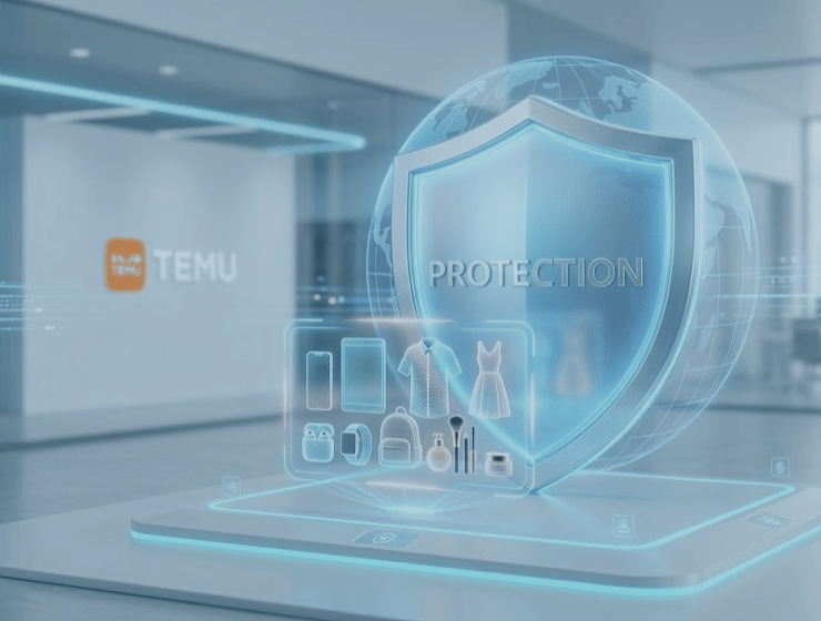 Rappresentazione simbolica della protezione della proprietà intellettuale e della sicurezza dei consumatori nel commercio globale.