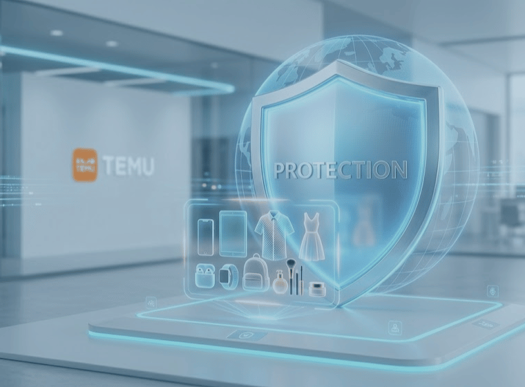 Rappresentazione simbolica della protezione della proprietà intellettuale e della sicurezza dei consumatori nel commercio globale.