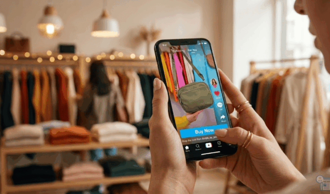 Donna con cellulare pronta a clickare su buynow