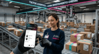 Interfaccia di TikTok Shop visualizzata su uno smartphone all'interno di un magazzino logistico automatizzato