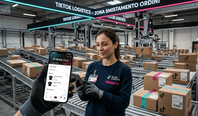 Interfaccia di TikTok Shop visualizzata su uno smartphone all'interno di un magazzino logistico automatizzato