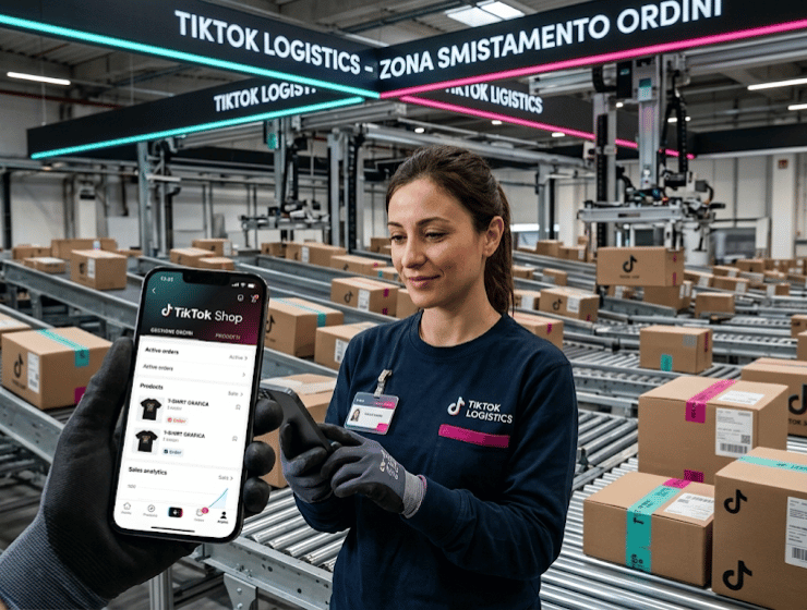 Interfaccia di TikTok Shop visualizzata su uno smartphone all'interno di un magazzino logistico automatizzato