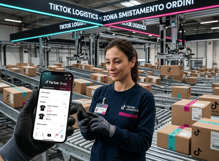 Interfaccia di TikTok Shop visualizzata su uno smartphone all'interno di un magazzino logistico automatizzato