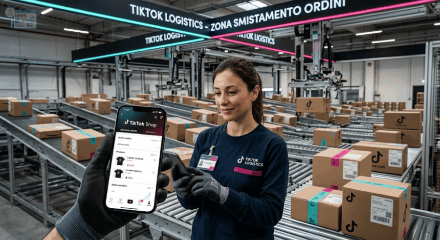Interfaccia di TikTok Shop visualizzata su uno smartphone all'interno di un magazzino logistico automatizzato