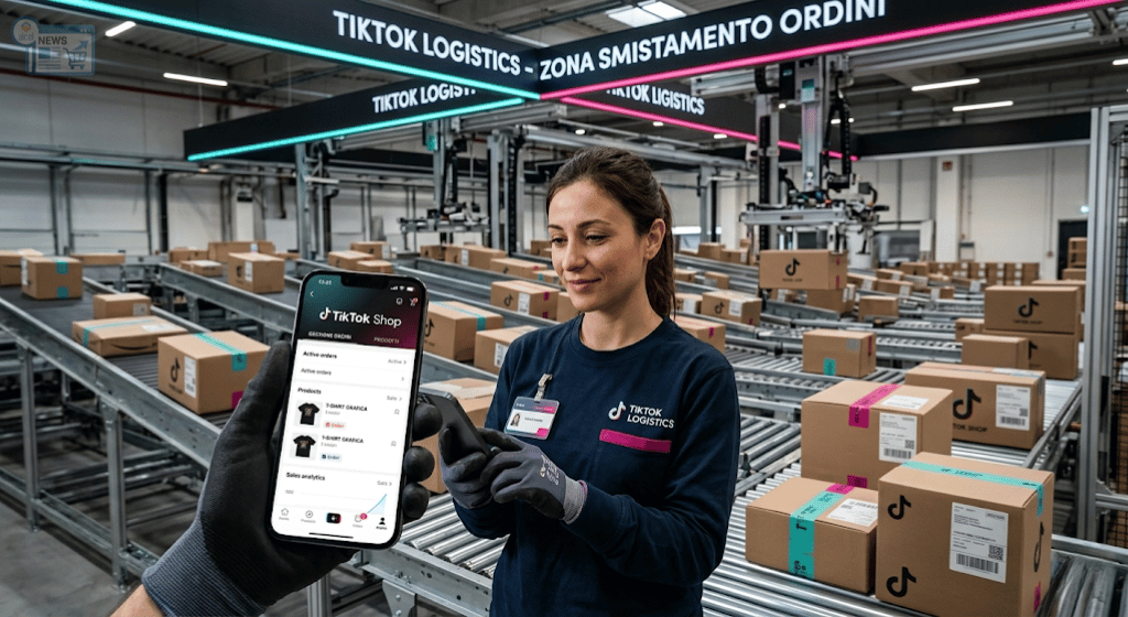 Interfaccia di TikTok Shop visualizzata su uno smartphone all'interno di un magazzino logistico automatizzato